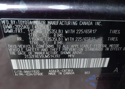 2018 Toyota Rav4 Le from USA, damaged, VIN 2T3ZFREV9JW514392